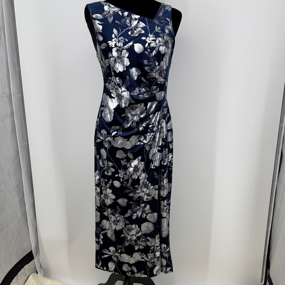 Adrianna Papell asymmetric foil velvet Floral Navy front slit Dress size 4P